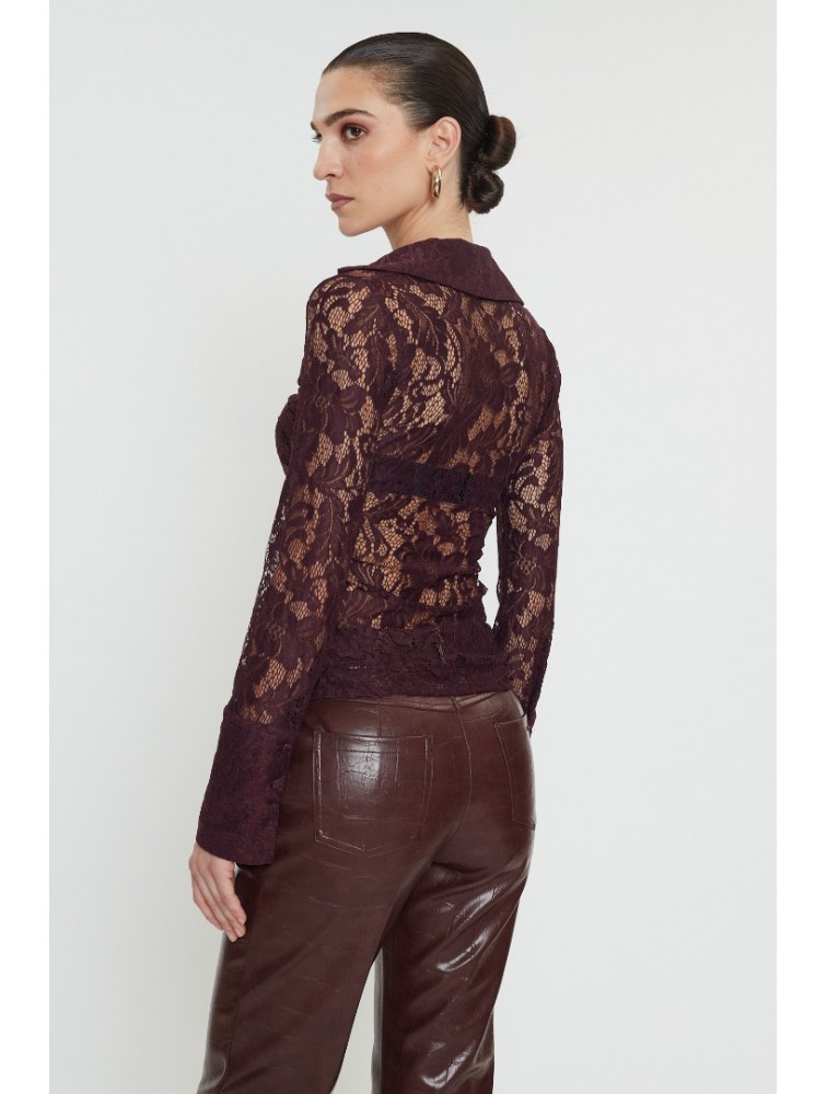 MIX AND MATCH Ellora Lace Shirt Burgundy Βουργουνδί Δαντελένιο Πουκάμισο